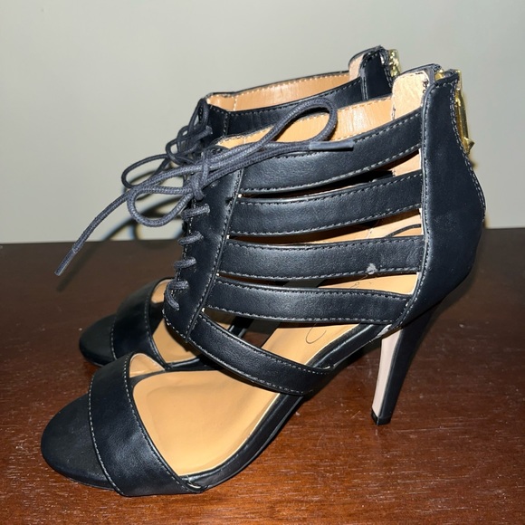 Report Signature Black Strappy Leather High Heeled Sandals Lace Up - Sz 7 - Picture 3 of 8